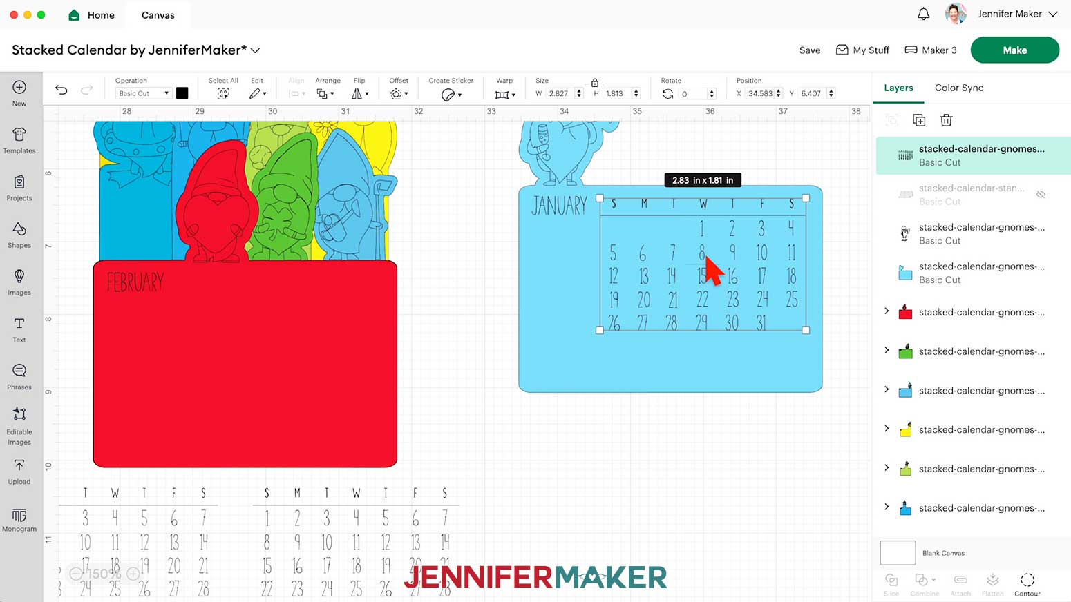 With the divider line under the days of the week lined up to the bottom of the month name, place the grid halfway between the month and the edge of the colored layer.