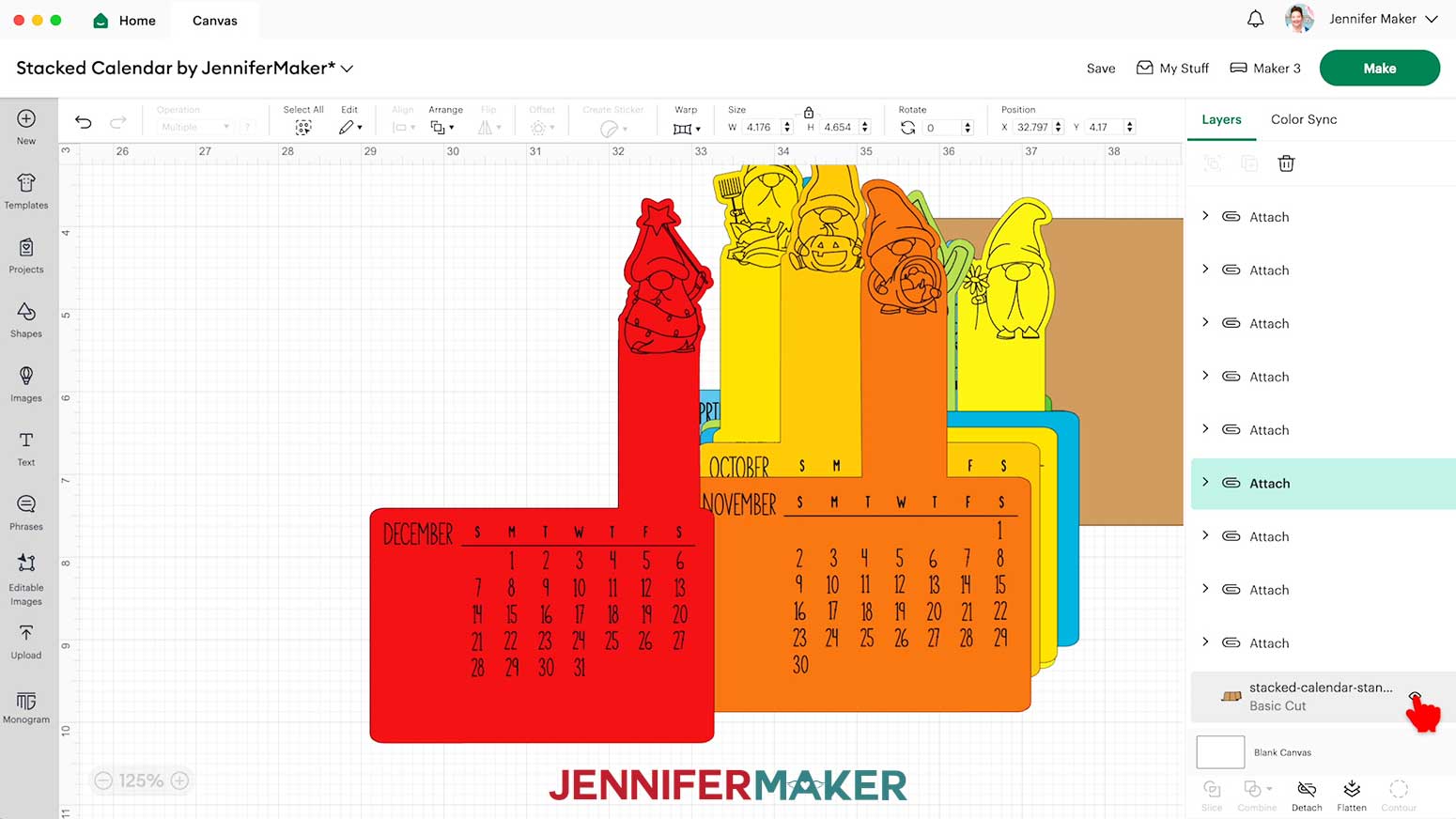 Unhide the attached month layers, and the stand layer. If you&rsquo;re cutting the &ldquo;noscore&rdquo; version, it&rsquo;s ready to cut. If you&rsquo;re cutting the &ldquo;score&rdquo; version, follow the steps from my score tool tutorial to adjust your file.
