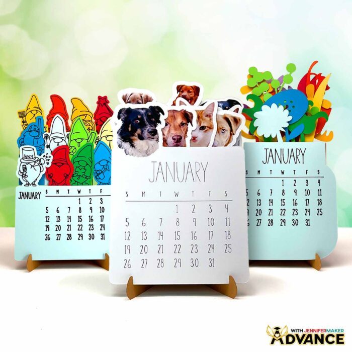 A customized Stacked Calendar featuring pet photos sits in a brightly lit space, surrounded by other stacked calendar designs cut from cardstock