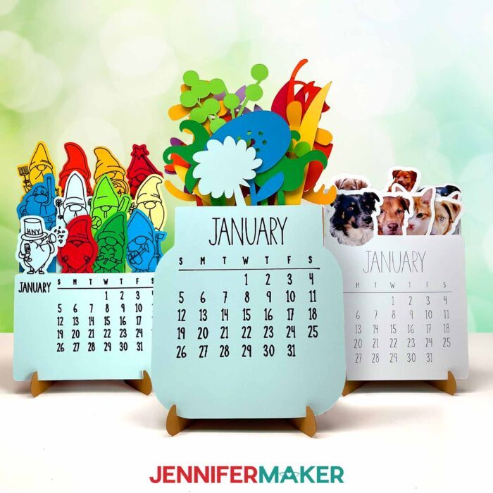 Collection of three different Stacked Calendar projects sits on display in a warm, sunny space