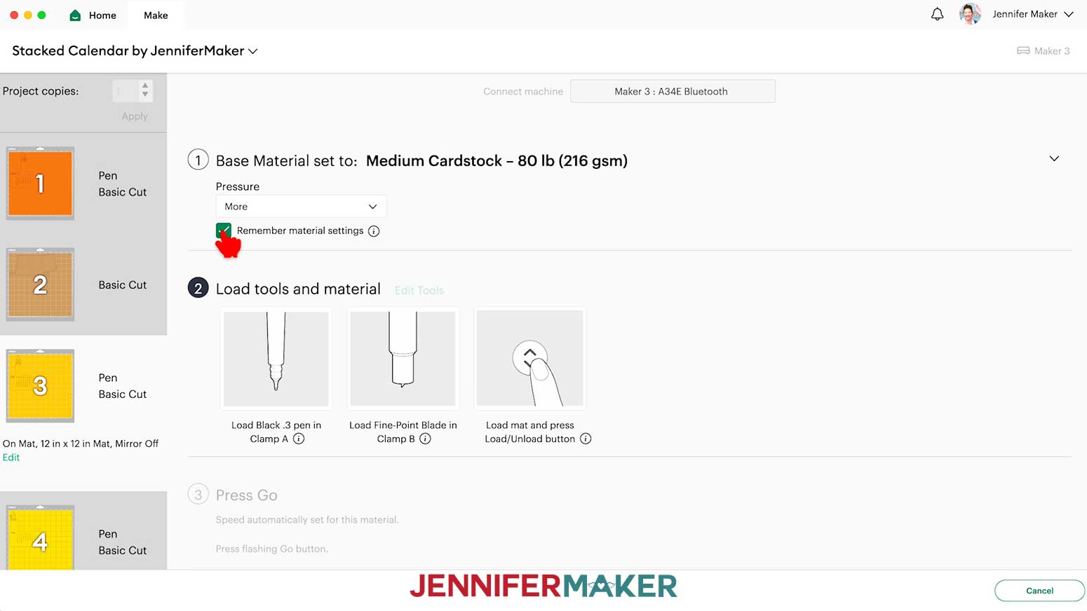 After you cut the stand, and after setting your next calendar mat to &ldquo;Medium Cardstock&rdquo; with &ldquo;More&rdquo; Pressure, you can check the box next to &ldquo;Remember material settings&rdquo; to apply those settings to the rest of your mats.