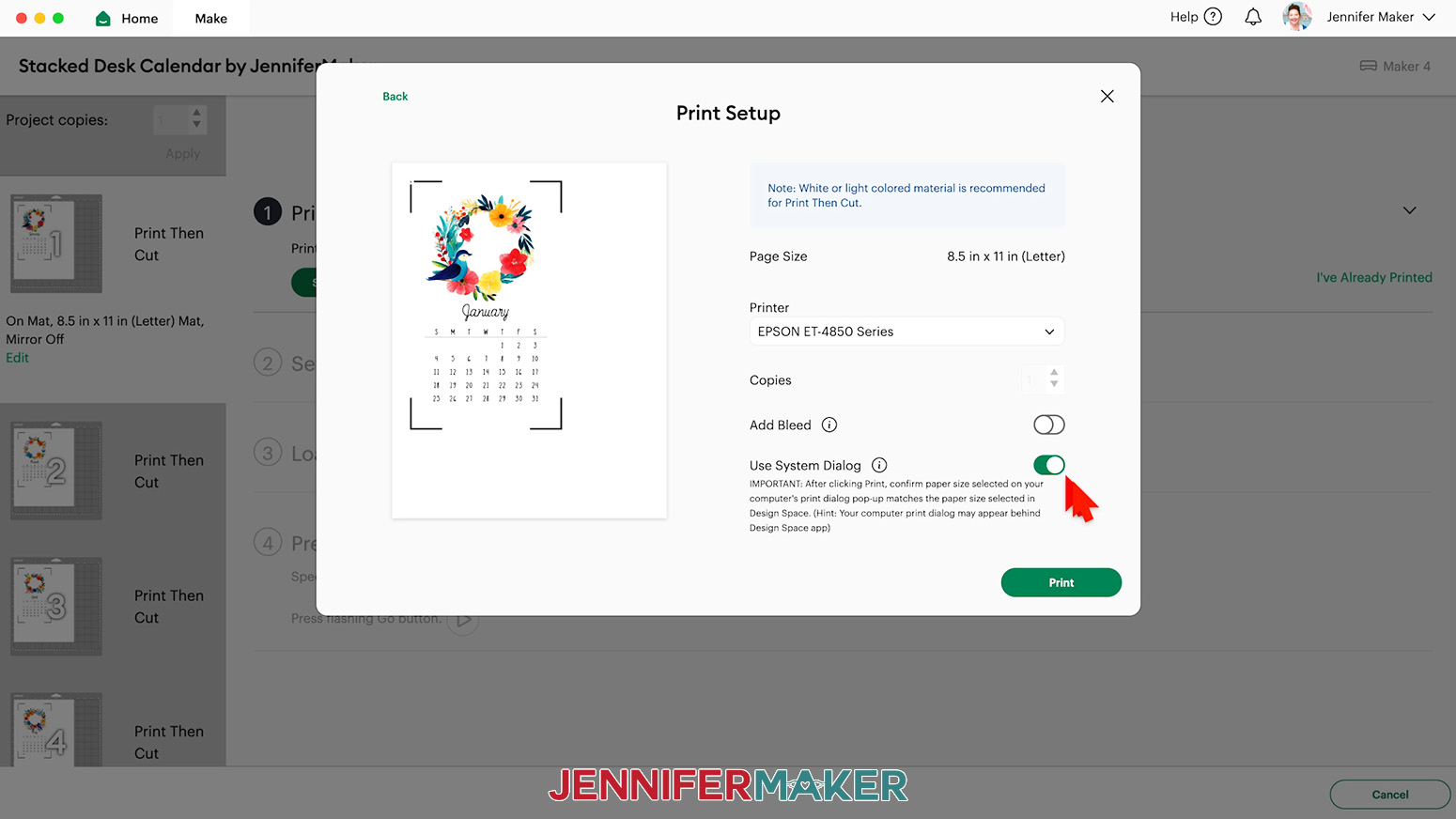 Select Use System Dialog to see more advanced print settings for the Stacked Desk Calendar cards.