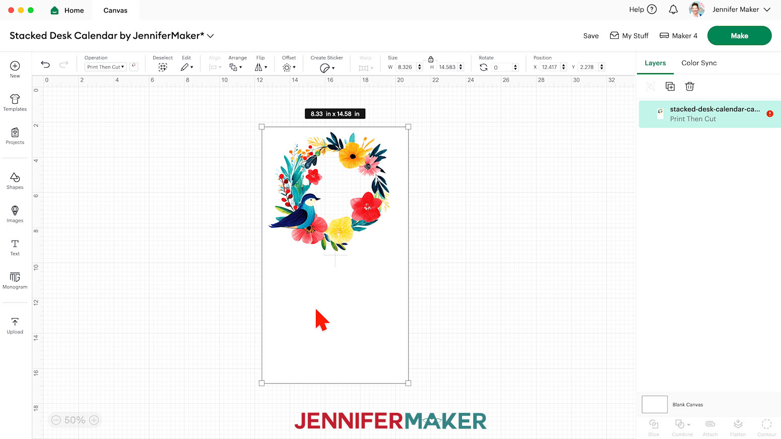 Each stacked desk calendar card will load onto Design Space as an oversized image.