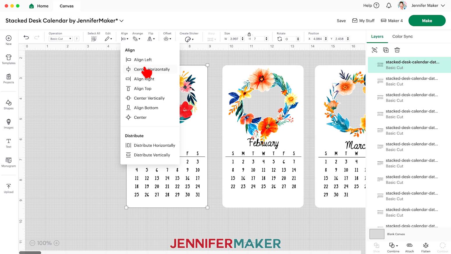 Select one calendar card, its month, and calendar dates then choose Align Center Horizontally.