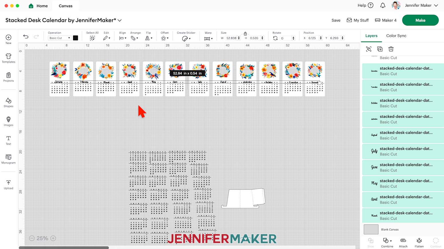 Select all the month names and arrange them vertically to fit on the stacked calendar card between the upper design and the dates.