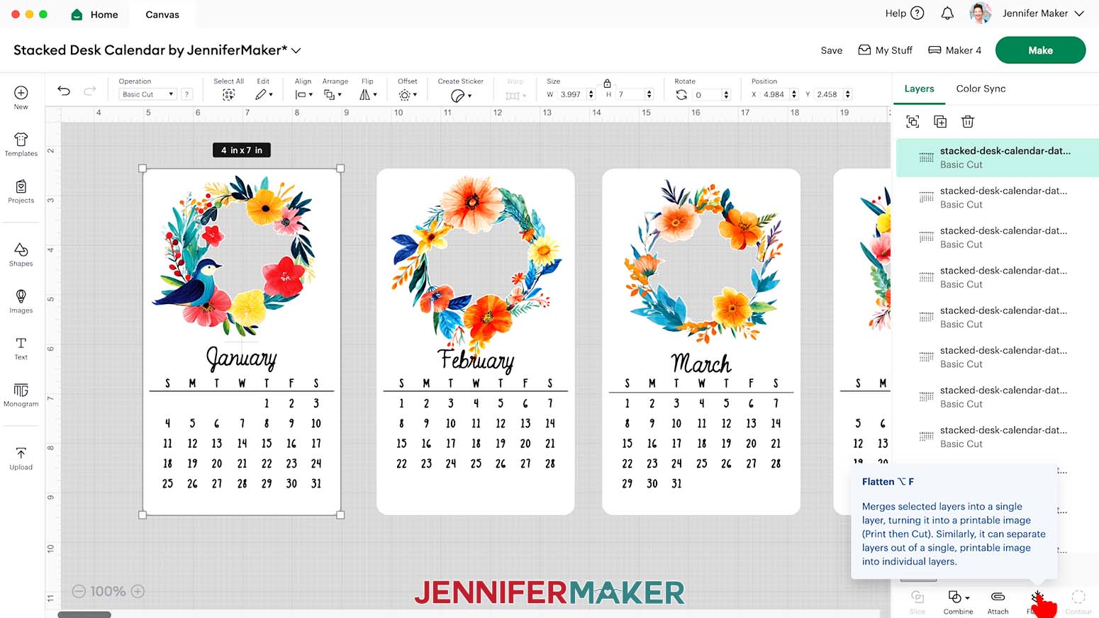 Flatten each stacked calendar card set to prepare it as a print then cut page.