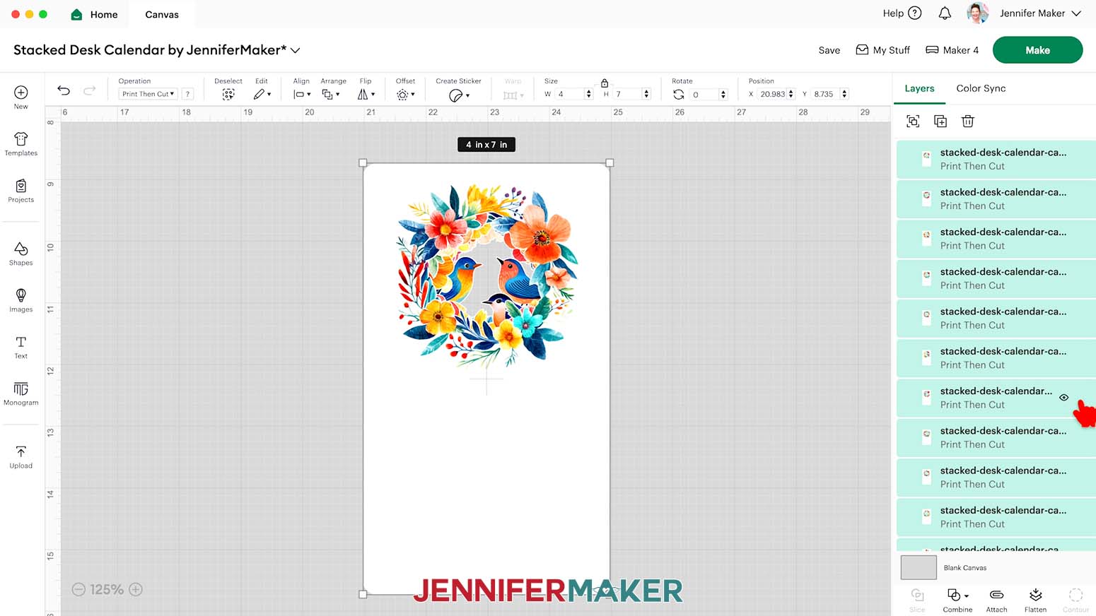 Select the stacked desk calendar cards then change the width to four inches to fit inside the Print Then Cut sizing.