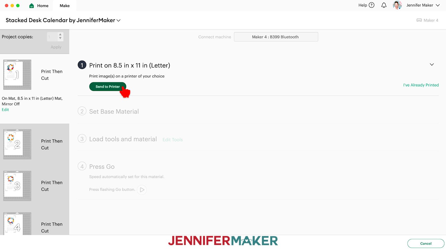 Choose Send To Printer to print the first page of the stacked calendar design.