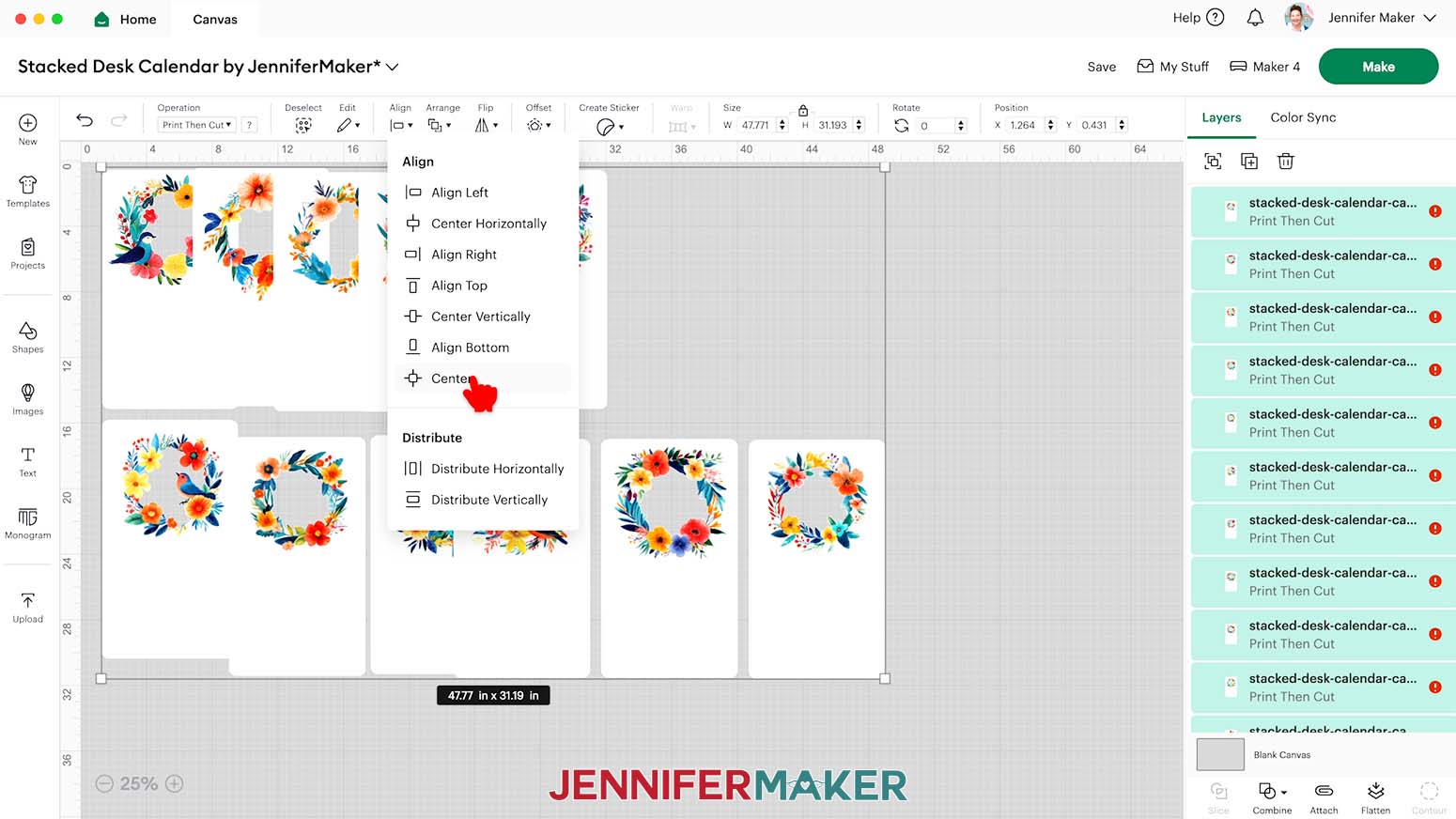 Select all the calendar cards and choose Align Center to stacked them all together.