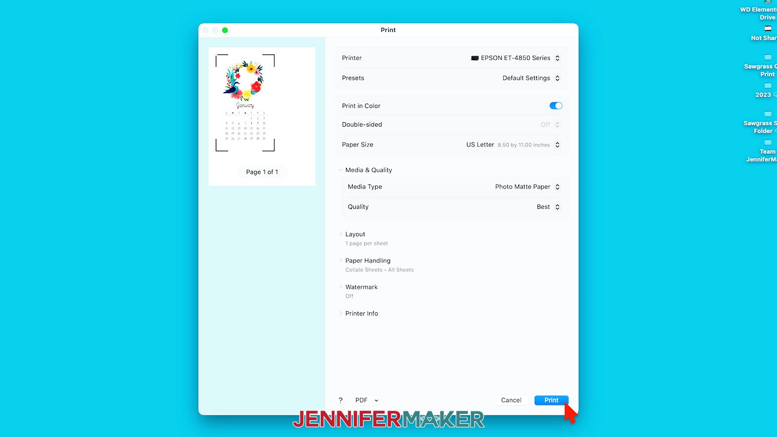 When printing the stacked desk calendar pages, select the highest quality print settings for your printer then click Print.