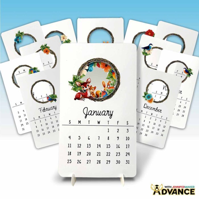 A custom version of the stacked desk calendar featuring cute forest animals, created in the Advance with JenniferMaker program.