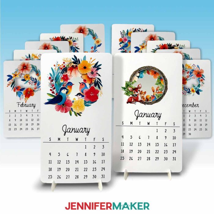 Jennifer's original stacked desk calendar design with birds and flowers sits on a stand on the left. A custom version with cute forest animals sits on a stand on the right.