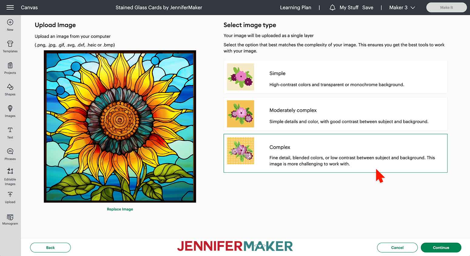 Upload PNG for Stained Glass Cards with Complex option in Cricut Design Space.