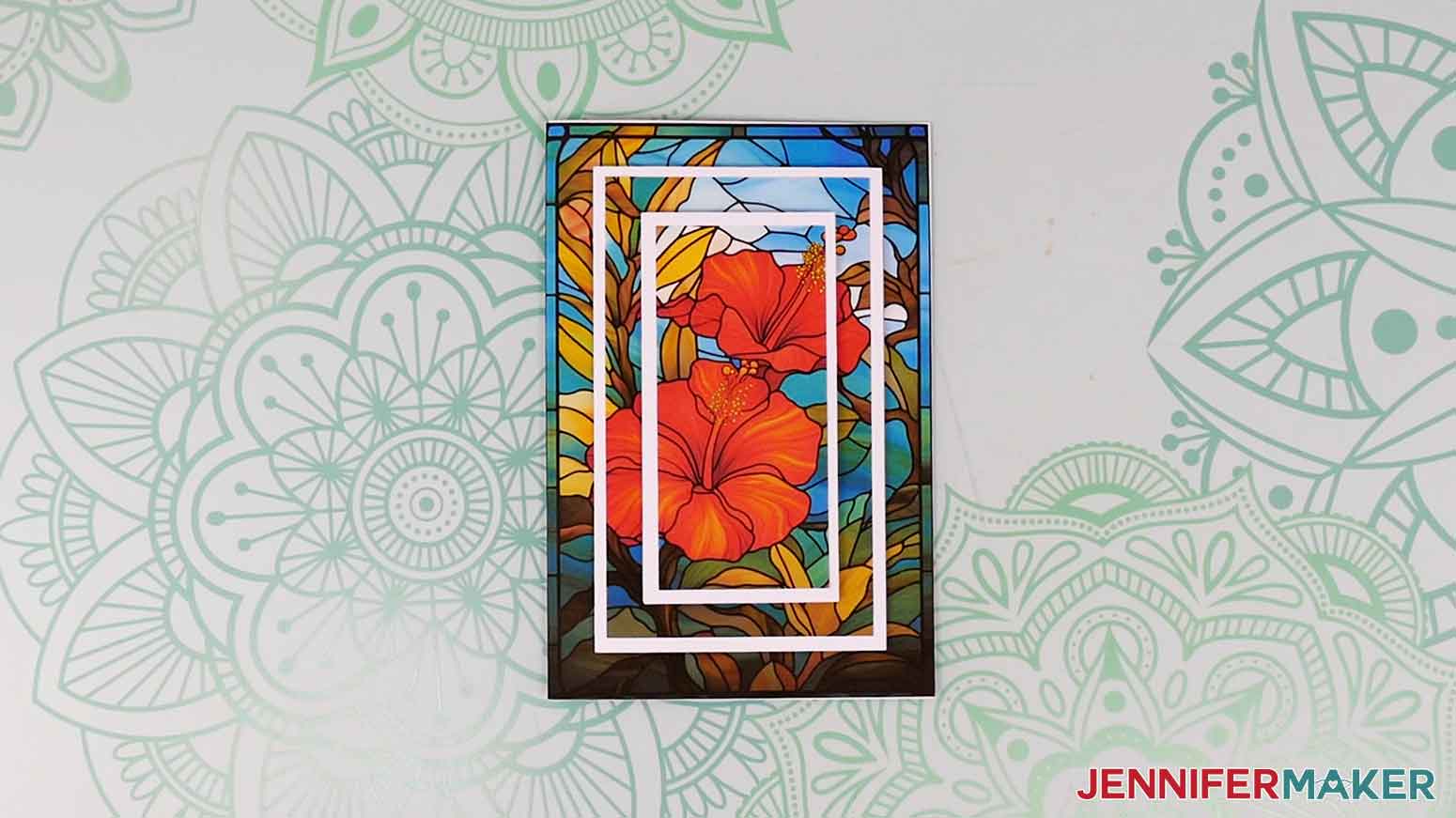 Complete ink-saving stained glass card with tropical flower design.