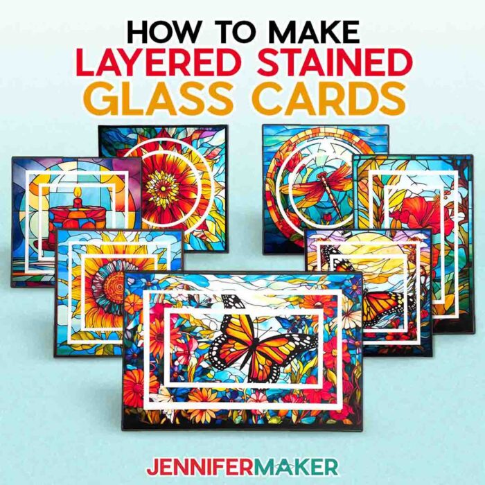 Learn how to make layered stained glass cards with JenniferMaker's tutorial using a Cricut! Seven Print then Cut stained glass cards sit on a blue and white ombre backdrop.