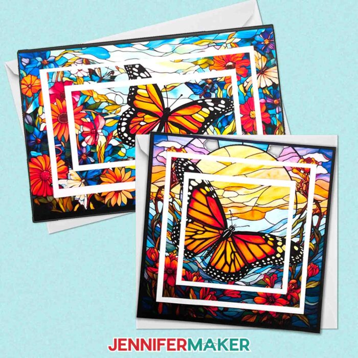 Learn how to make layered stained glass cards with JenniferMaker's tutorial using a Cricut! Two Print then Cut stained glass cards featuring butterflies sit with envelopes on a blue backdrop.