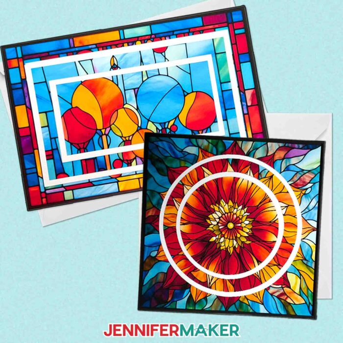 Learn how to make layered stained glass cards with JenniferMaker's tutorial using a Cricut! Two Print then Cut stained glass cards featuring balloons and a flower sit with envelopes on a blue backdrop.