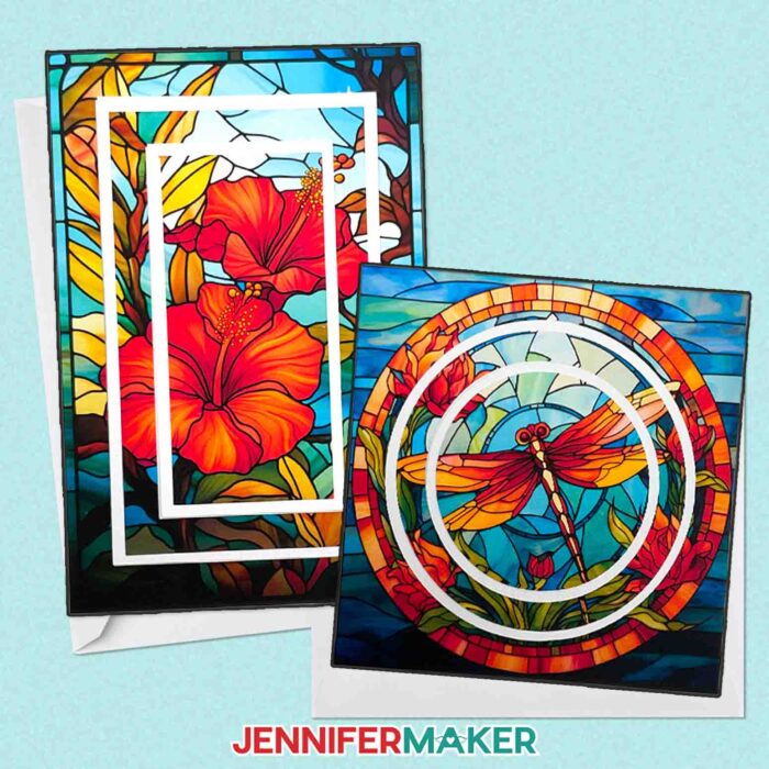 Learn how to make layered stained glass cards with JenniferMaker's tutorial using a Cricut! Two Print then Cut stained glass cards featuring tropical flowers and a dragonfly with flowers sit with envelopes on a blue backdrop.