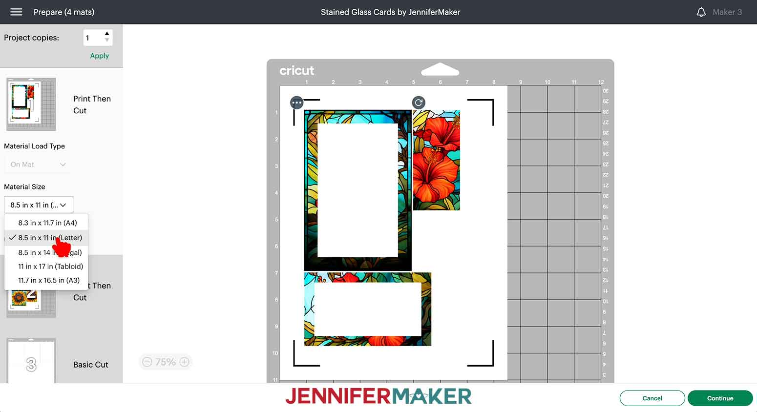 On the prepare screen, select 8.5" x 11" for the print then cut material size.