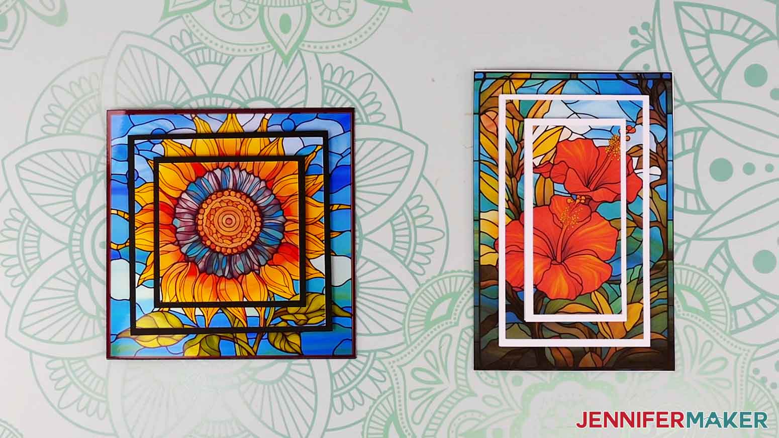 Two complete Stained Glass Card designs.