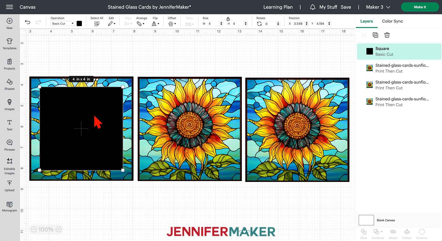 Drag a black square over the first sunflower design.
