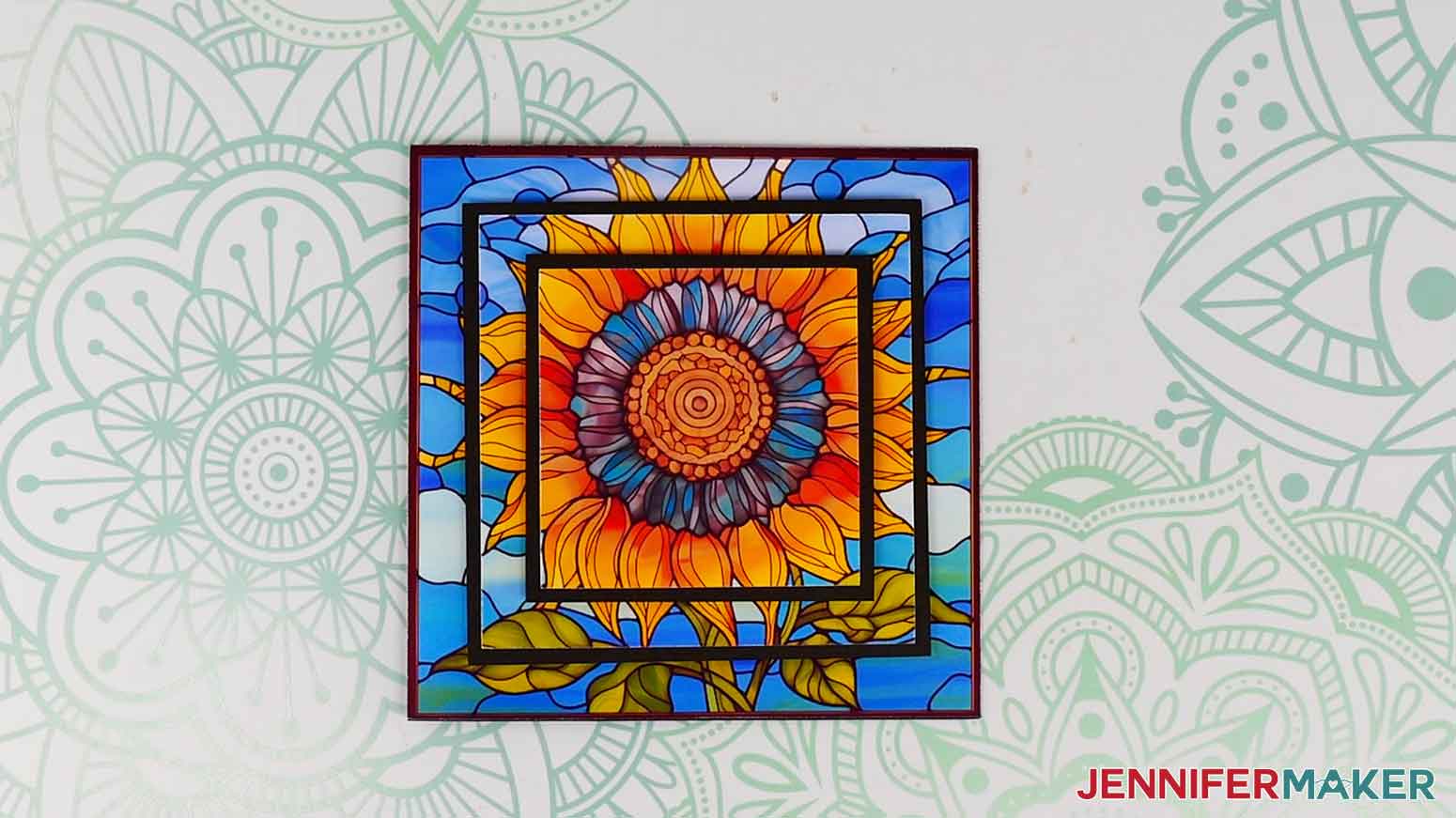 Complete square stained glass card with sunflower design.