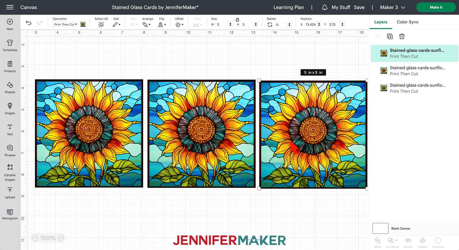 Click and drag the duplicate designs next to the original to display three identical designs on the canvas.