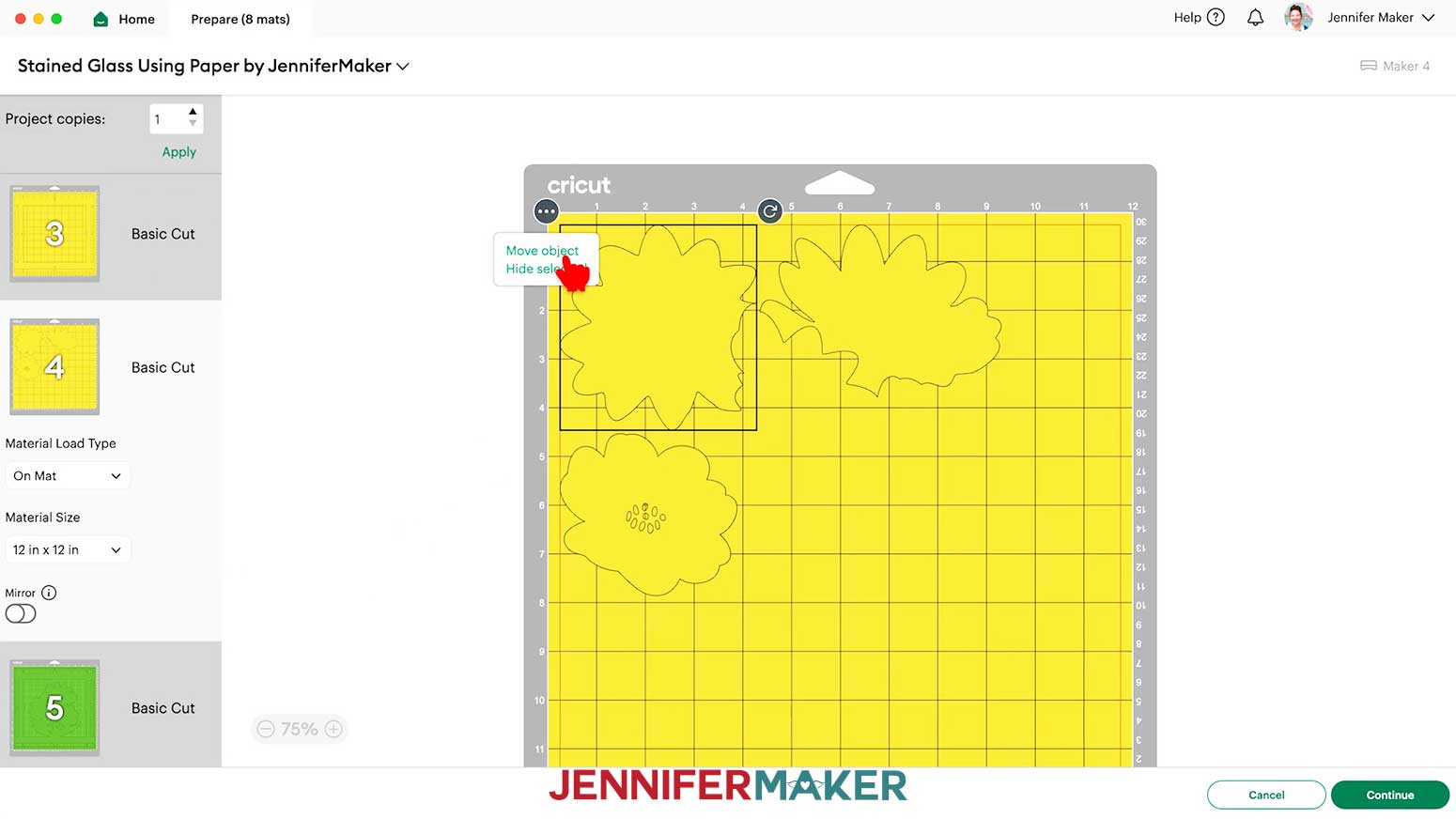 Move objects to combine mats of the same color to save material when cutting the stained glass design pieces.