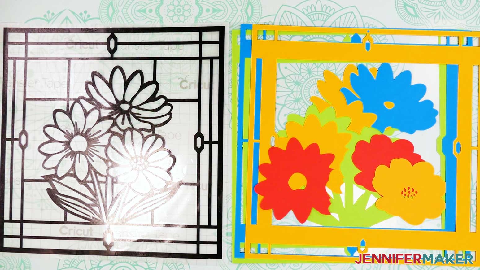 Stack all the pieces for the stained glass design and verify they are all present and cut correctly before applying them.