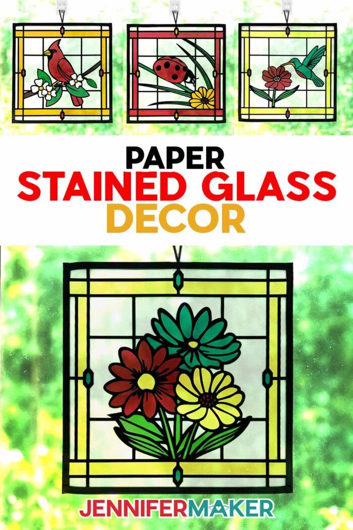 Make Stained Glass Using Paper with JenniferMaker's free tutorial and SVG files! Four paper, acetate, and vinyl stained glass window-inspired crafts hang in a sunny window