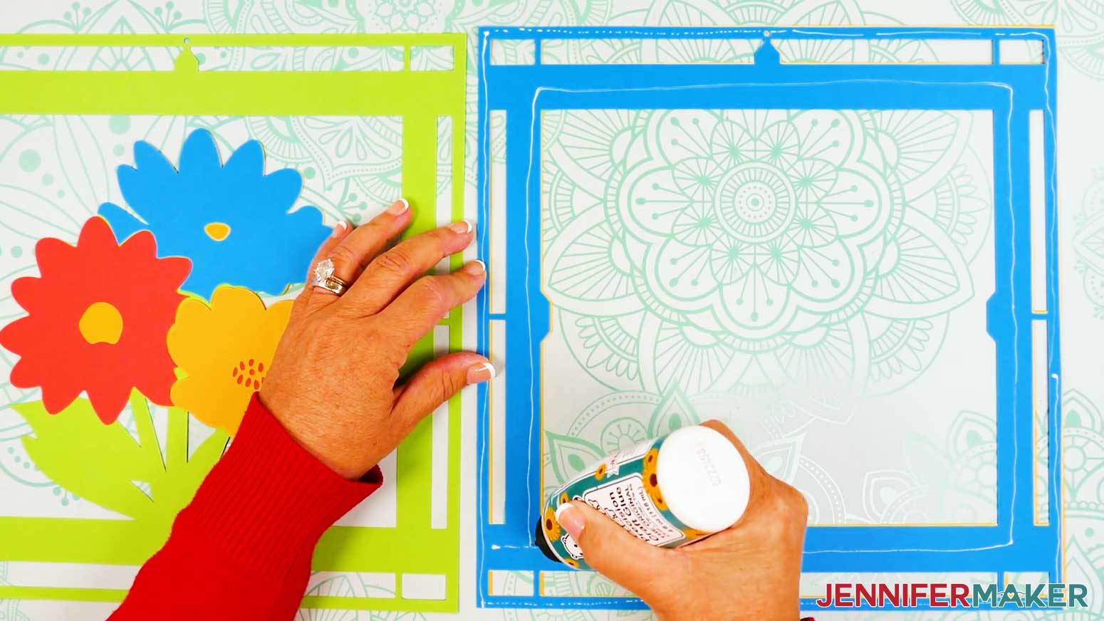 Apply glue to the back of the frame piece for the stained glass design.