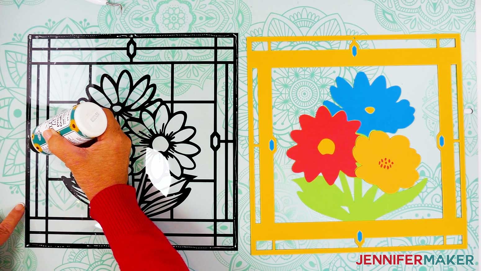 Add glue to the back outline of the top vinyl layer of the stained glass design.