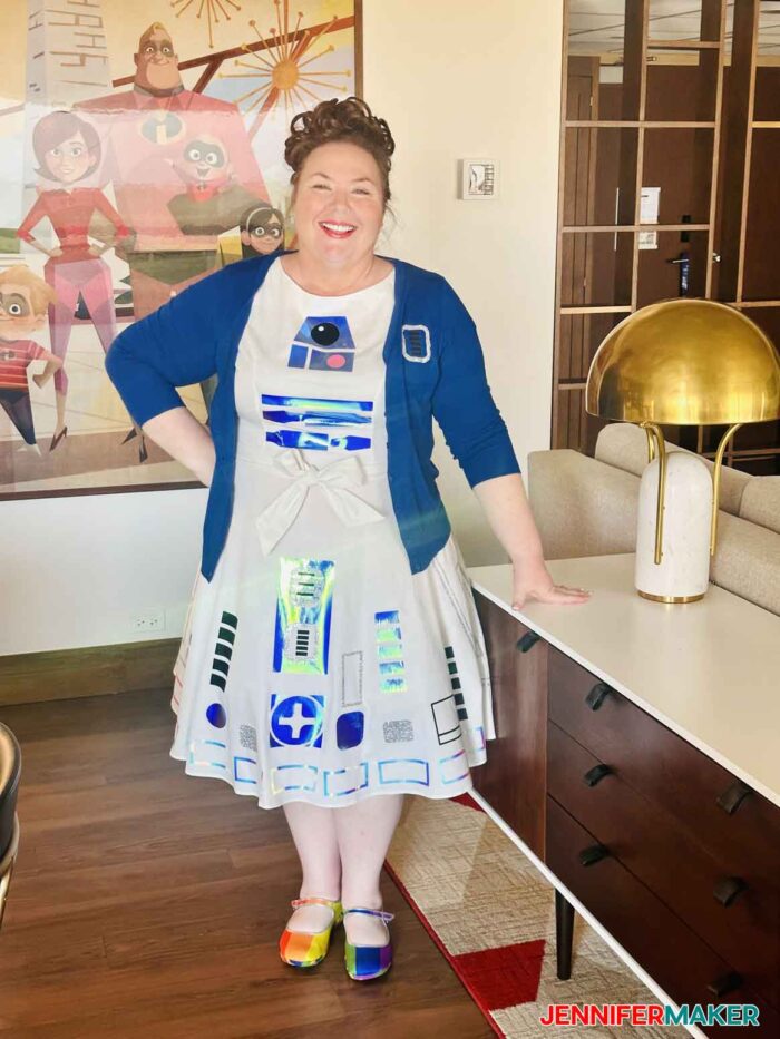 Jennifer Maker at the Contemporary Resort wearing her R2D2 dress and sweater set