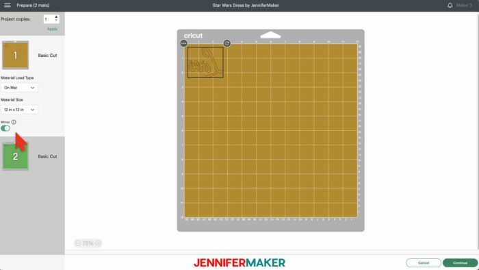 Turning on mirror for iron on vinyl in Cricut Design Space