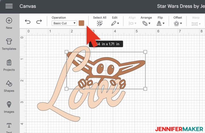 Changing the color of a layer on the Grogu Love image in Cricut Design Space