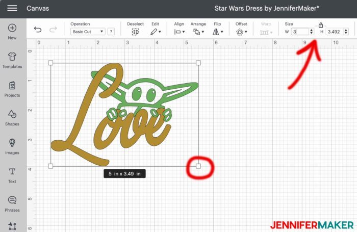 Resizing the Grogu Love image in Cricut Design Space
