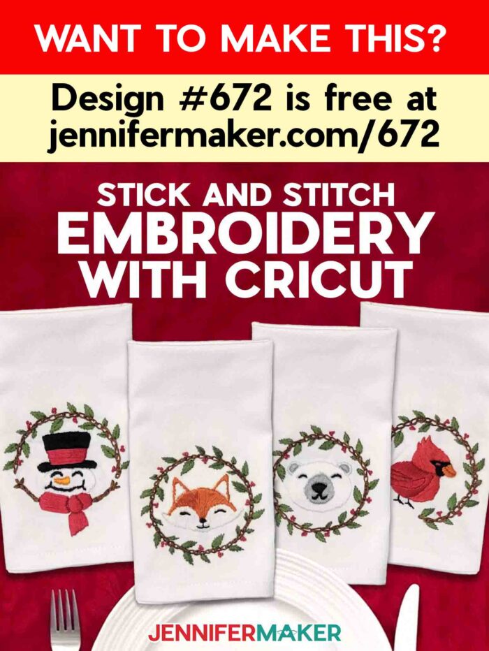 Want to make Stick and Stitch Embroidery napkins and other projects? Design #672 is free at jennifermaker.com/672. White cloth napkins with Christmas embroidery designs on a red holiday table