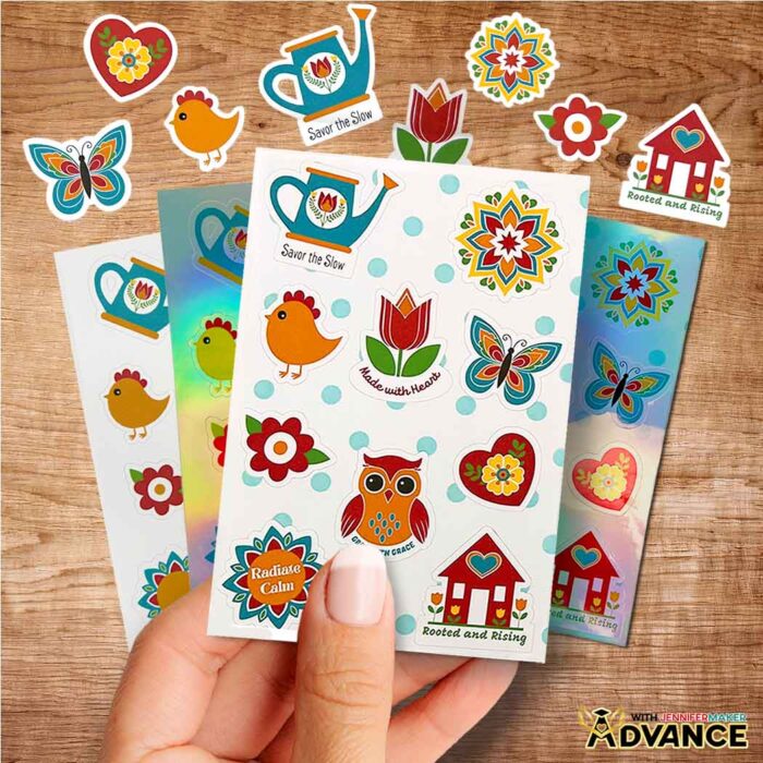 Jennifer Maker's sticker pack printed on a custom background with teal dots. Learn how to make your own custom sticker sheet backgrounds in Advance with Jennifer Maker!