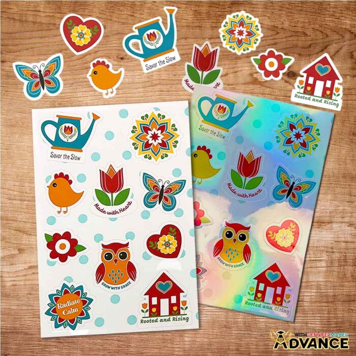 Jennifer Maker's Advance sticker sheets with custom teal dot backgrounds on white sticker paper and holographic sticker paper.