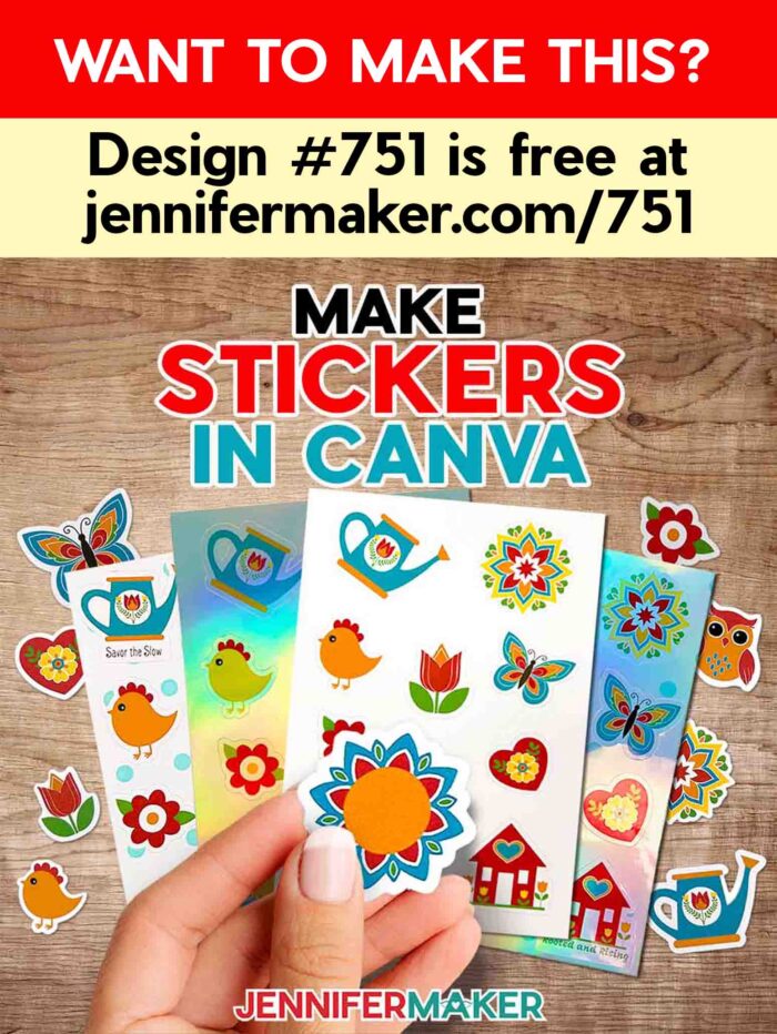 Want to make this? Design #751 is free at jennifermaker.com/751. Download Jennifer's free Summer Sticker Starter Pack and make these die-cut stickers and kiss-cut sticker sheets in Canva! A variety of stickers on white and holographic sticker sheets are on a table, surrounded by individual stickers.