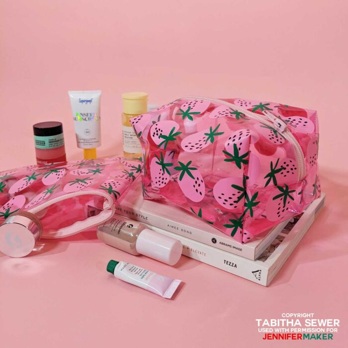 Tabitha Sewer's vinyl fabric tutorial featuring a cute strawberry toiletry bag