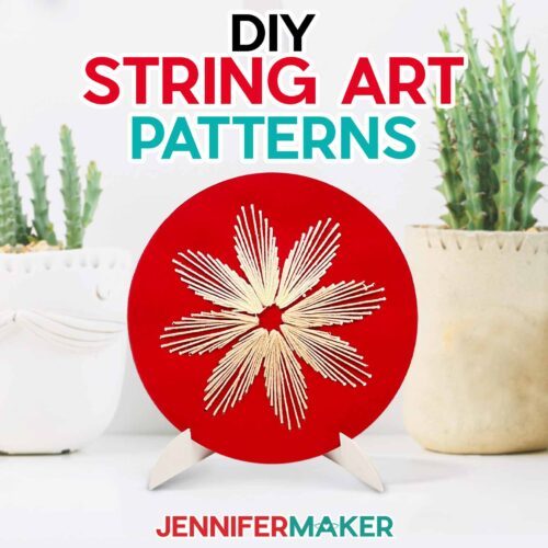 Round red cardstock in a stand, with a light yellow string art pattern of a flower made with a JenniferMaker tutorial.