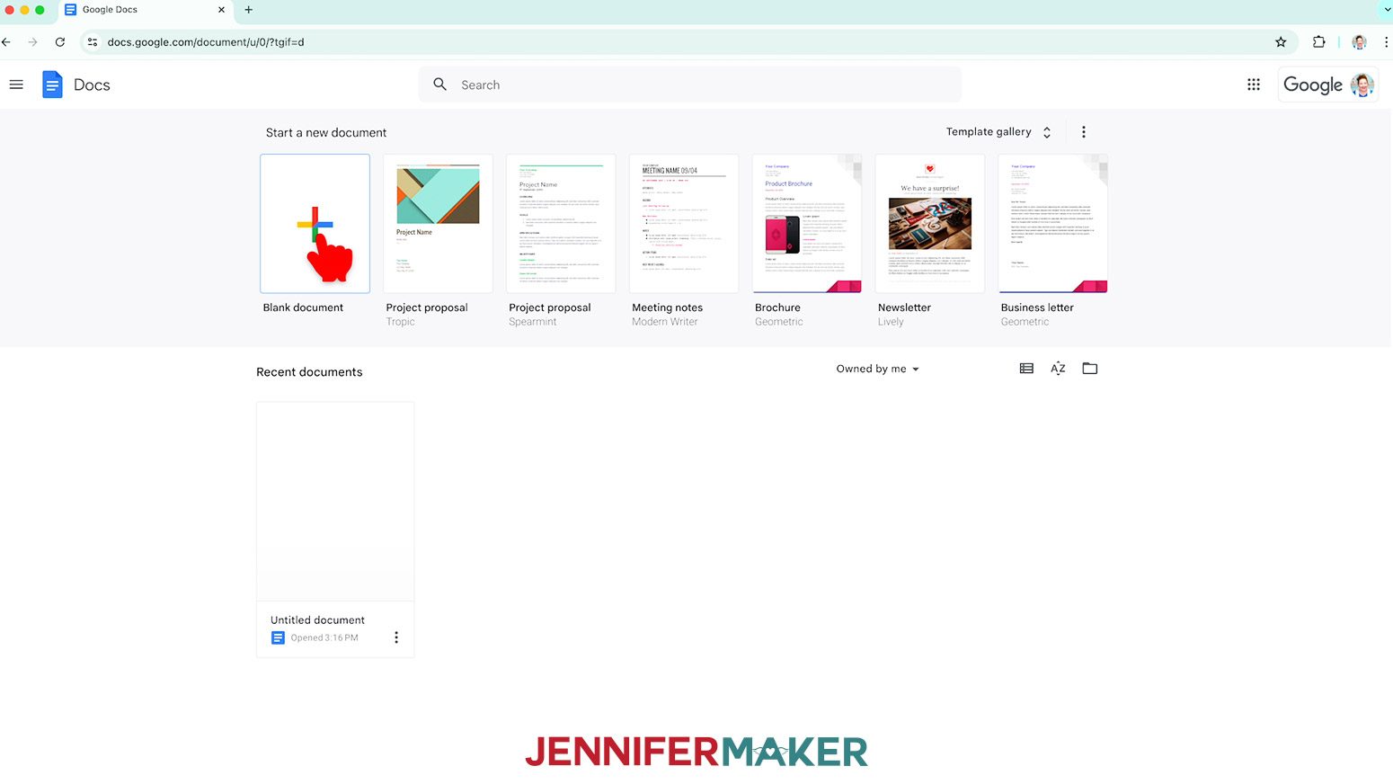 Click “Blank document” at the top left to open a new document.
