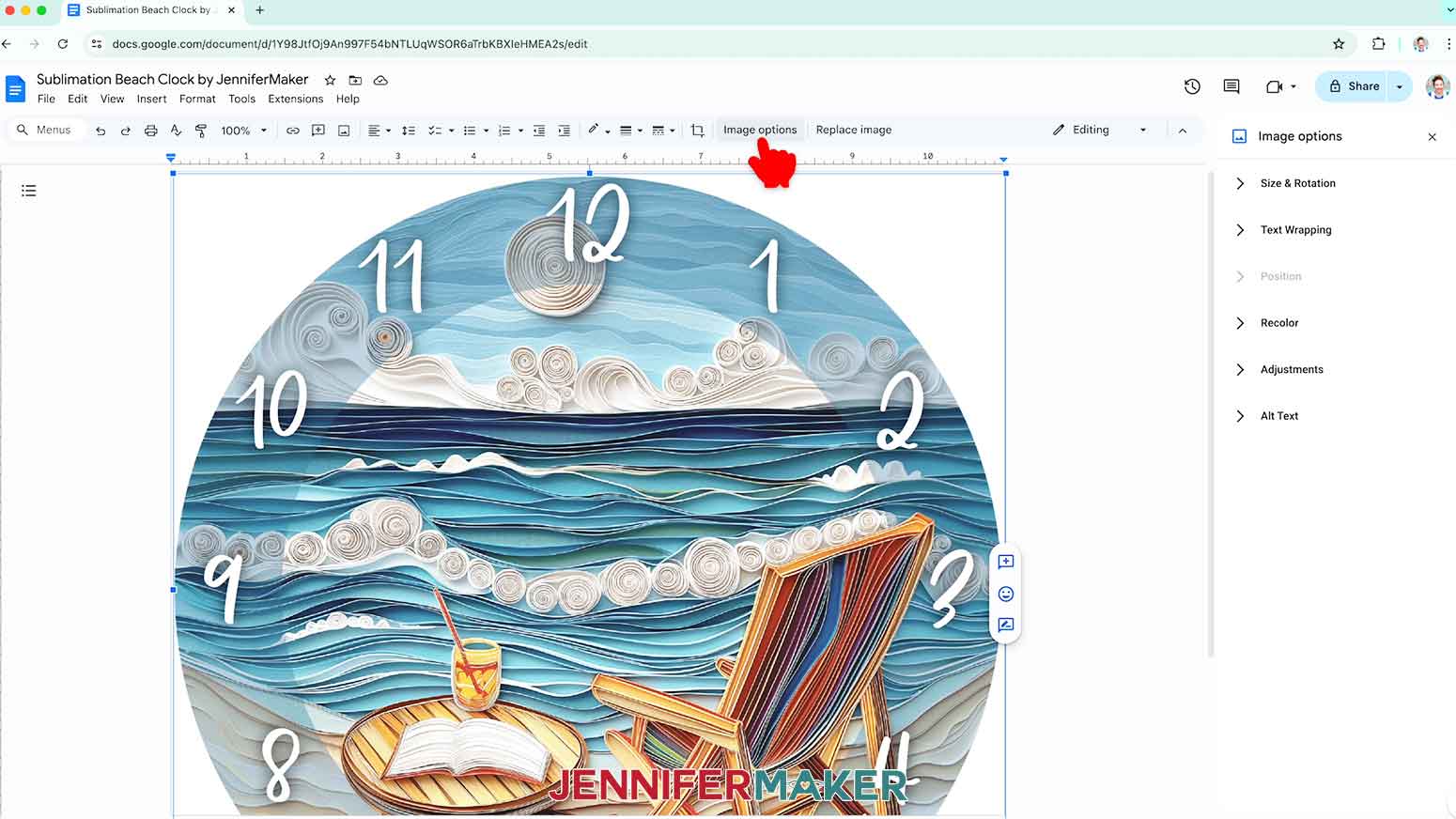 To resize the design, click “Image Options” at the top of the canvas.