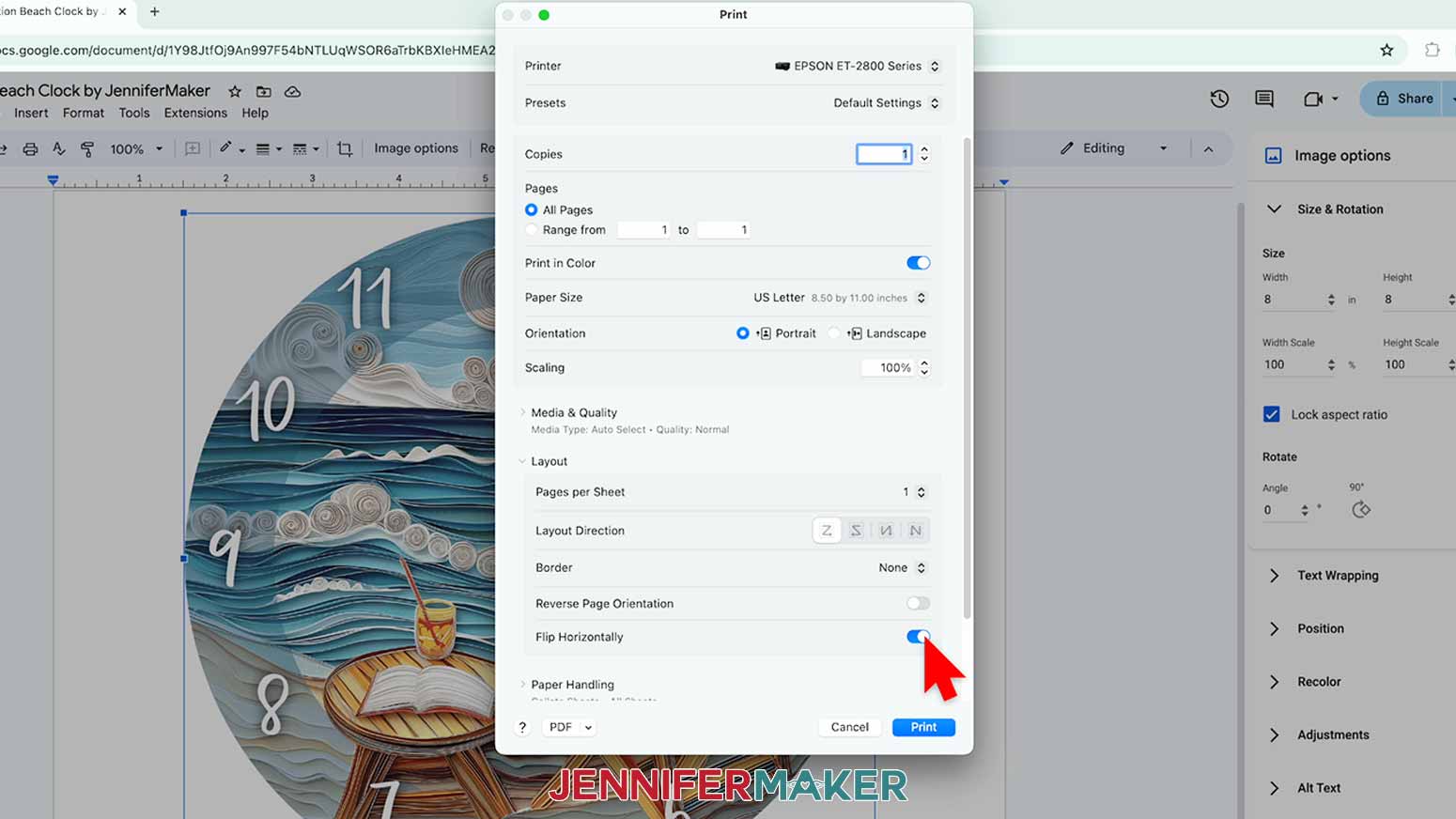 Your print menu may look different - just make sure the sublimation printer is selected, that you “mirror” the print, and select the highest quality matte paper setting.