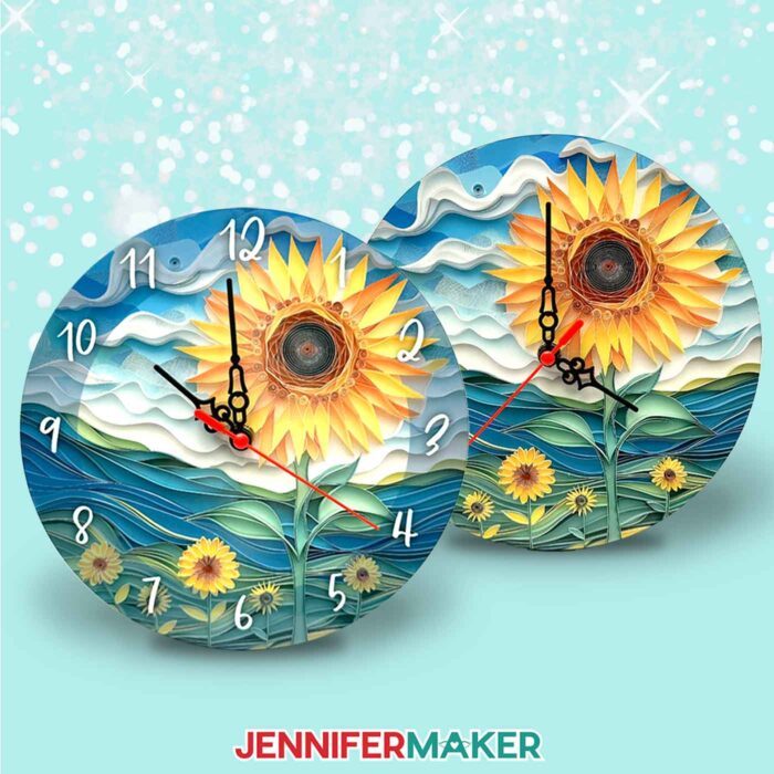 Two clock faces sublimated with illustrated sunflowers, one with numbers and one without.