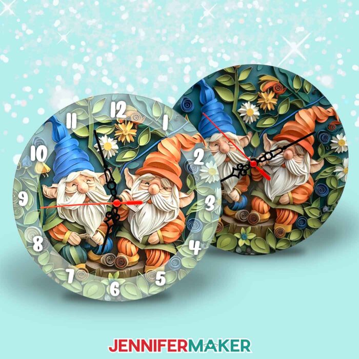 Two clock faces sublimated with illustrated gnomes, one with numbers and one without.