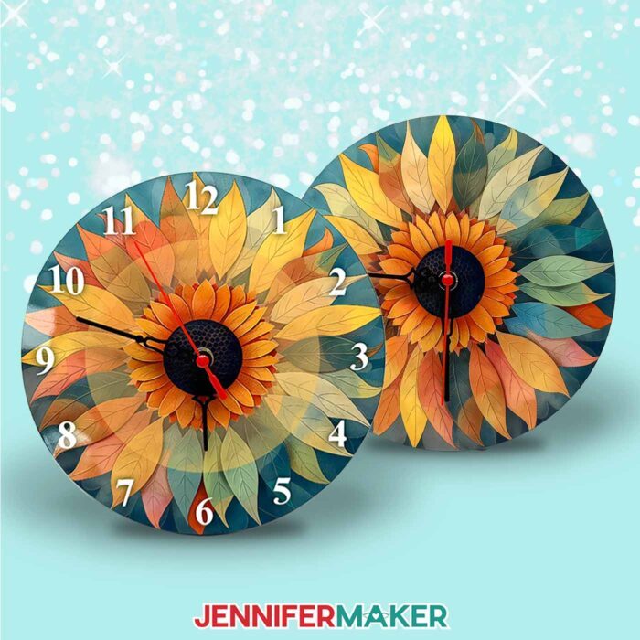 Two clock faces sublimated with illustrated flowers, one with numbers and one without.