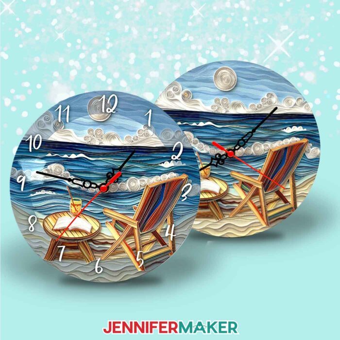 Two clock faces sublimated with illustrated beach scenes, one with numbers and one without.