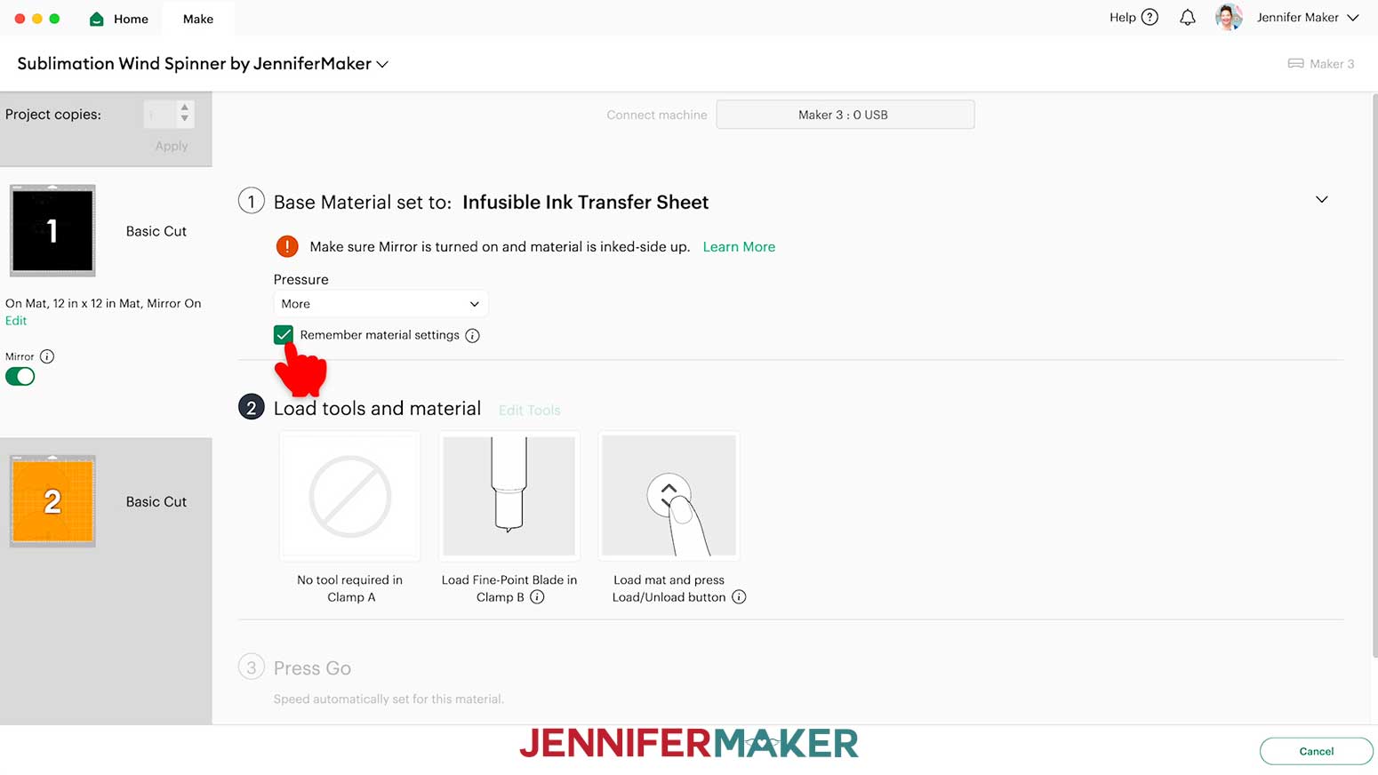 Set the base material to Infusible Ink Transfer Sheet with More pressure and check the box to remember the material settings.